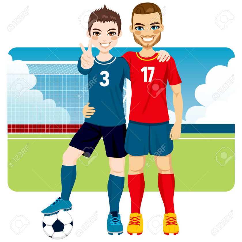 25953417-Two-soccer-players-friends-and-rivals-of-competing-teams-together-on-a-soccer-field-Stock-Vector